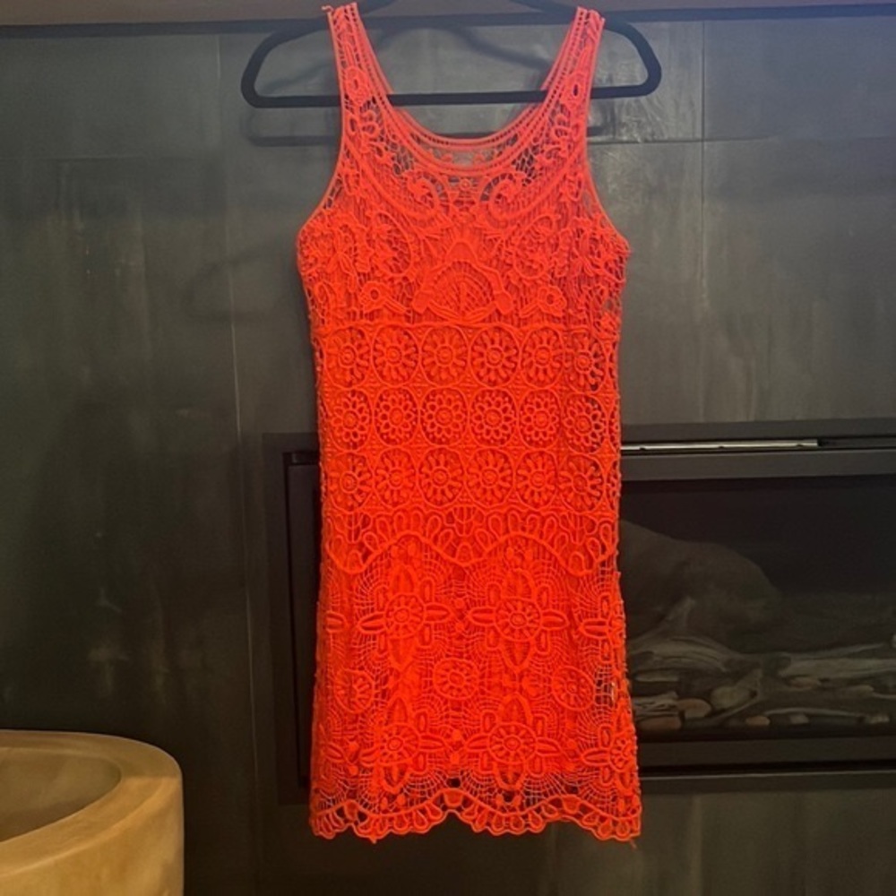 Trina Turk orange crochet dress; slip dress underneath; Size 6